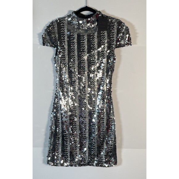 Michael Costello NWT REVOLVE Hazel Silver Sequin Gown Small SPARKLY Mini - Picture 1 of 16
